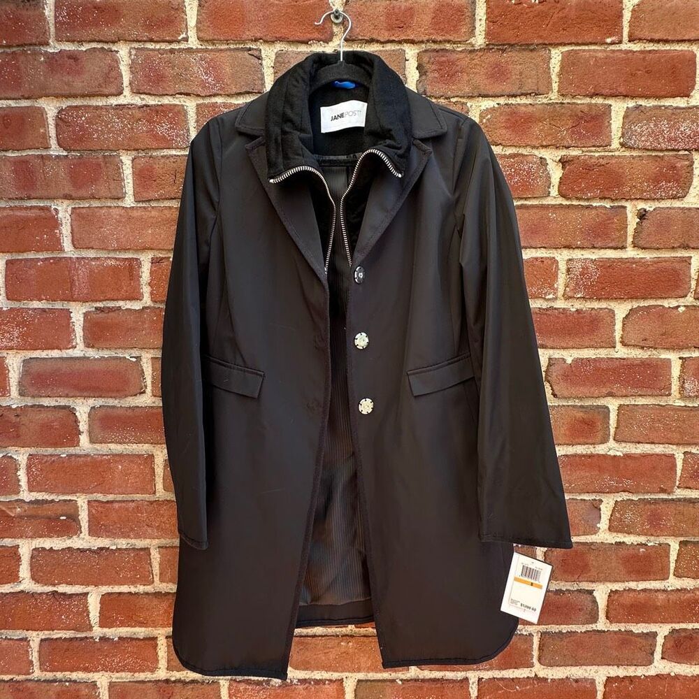 Jane Post $1200 Cashmere Trim Rain Slicker Jacket Black Womens Small NWT NEW